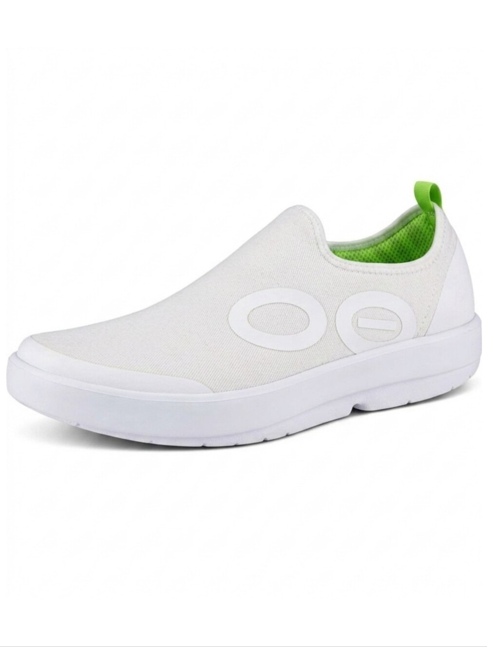 OOFOS White Slip-On Sneakers with Lime Green Lining